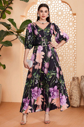 Black Floral A-Line V Neck Half Sleeves Long Formal Dress with Belt